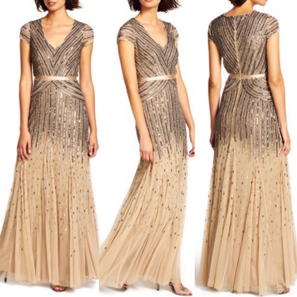 Adrianna Papell Dresses & Skirts - Adrianna papell V-neck beaded short sleeves Long gown